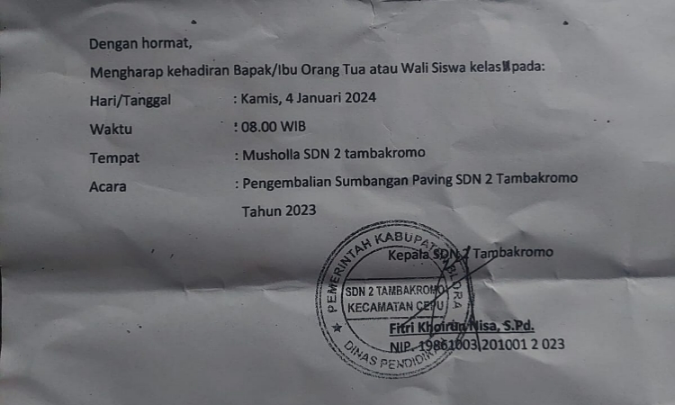 Komite dan Kepsek SDN Tambakromo 02 Meminta Maaf dan Mengembalikan Sumbangan Berkedok Iuran Seiklasnya